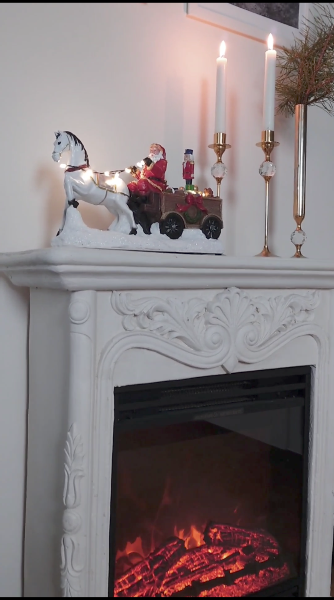 Santa with white horse, wagon and rotation nutcracker - Santa's Light Shop